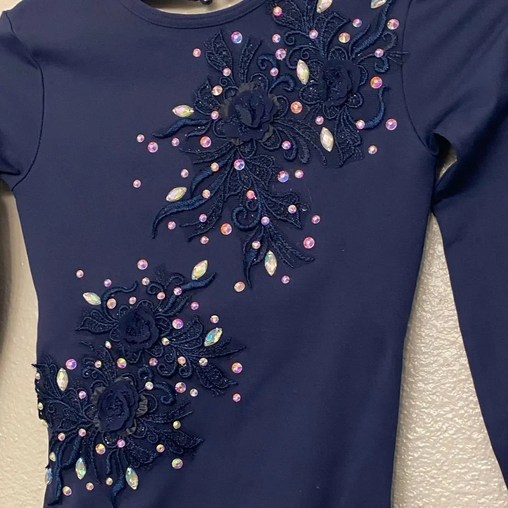 Custom solo Dance Costume navy blue Twist Long Sleeve Leotard modest IC 7/8
